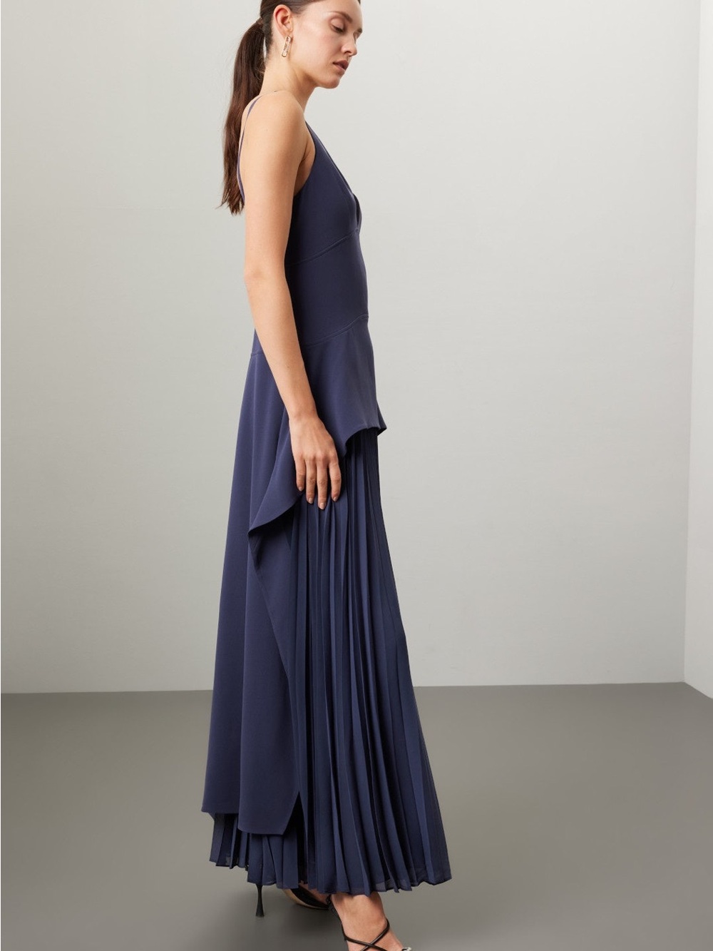 Slate Blue Maxi Dress with Pleated Skirt - Picture 2 of 6